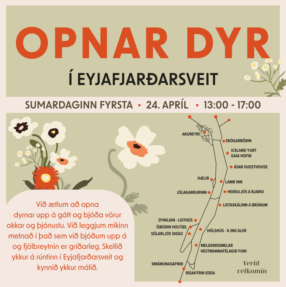 Opnar dyr í Eyjafjarðarsveit á sumardaginn fyrsta 24. apríl 2025 kl. 13:00-17:00