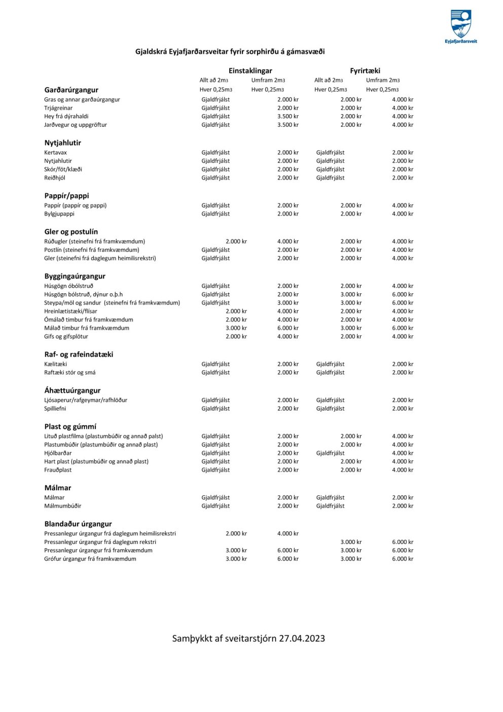 Gjaldskrá á gámasvæði Eyjafjarðarsveitar