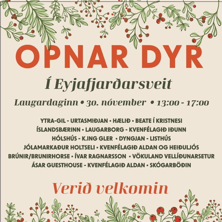 Opnar dyr í Eyjafjarðarsveit 30. nóvember 2024 kl. 13:00-17:00