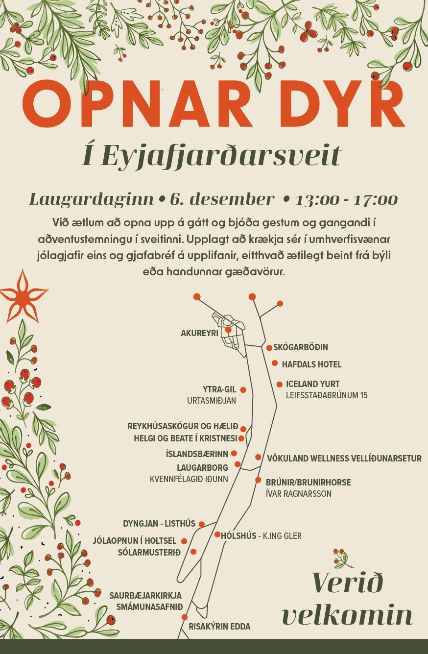 Opnar dyr í Eyjafjarðarsveit laugardaginn 6. desember 2025 kl. 13:00-17:00